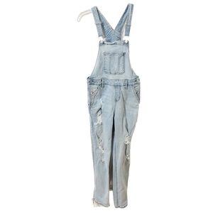 No Boundaries Light Wash Cotton Blend Distressed Denim Jean Bib Overalls Stretch